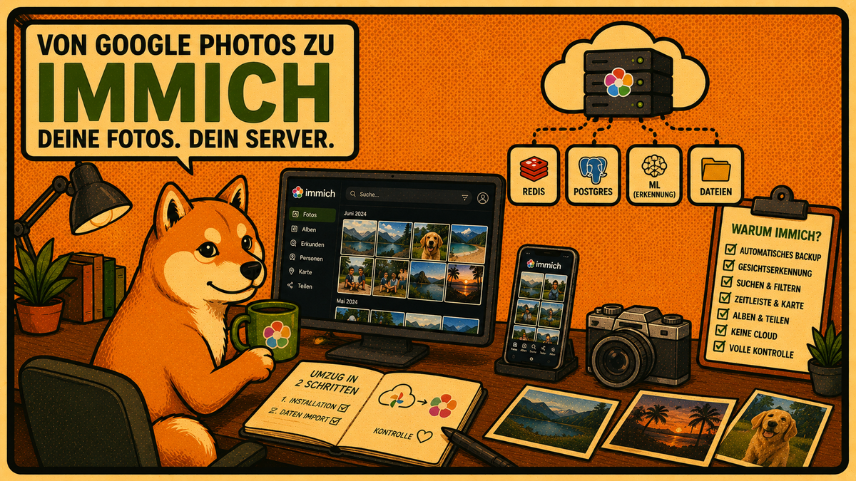 Shiba Inu an einem Schreibtisch vor Monitor mit Immich-Oberfläche. Retro-Comic-Stil. Text im Bild: „Von Google Photos zu Immich – Deine Fotos. Dein Server."