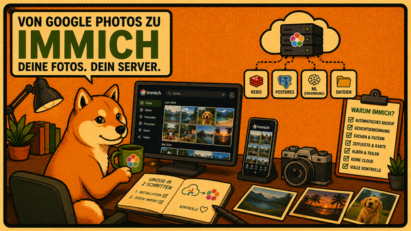 Shiba Inu an einem Schreibtisch vor Monitor mit Immich-Oberfläche. Retro-Comic-Stil. Text im Bild: „Von Google Photos zu Immich – Deine Fotos. Dein Server."